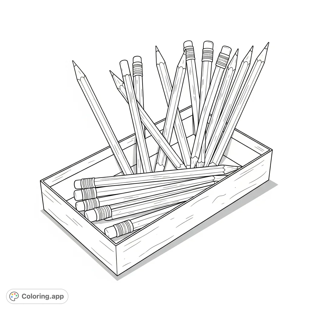 An inviting collection of pencils in an open box, ready for creative expression. A perfect free printable coloring page for artists of all ages.