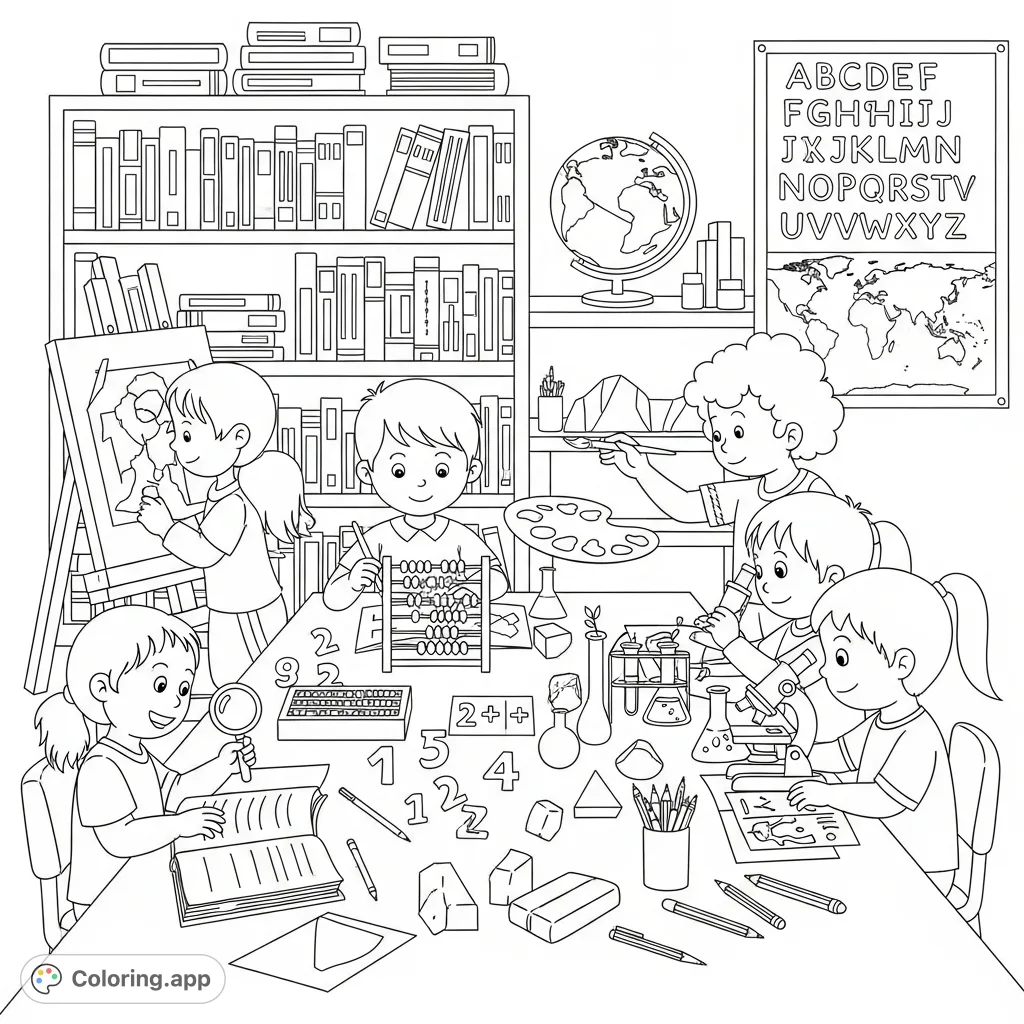 A delightful children doing homework coloring page featuring diverse kids engaged in various school subjects, from reading to science, in a vibrant study setting.