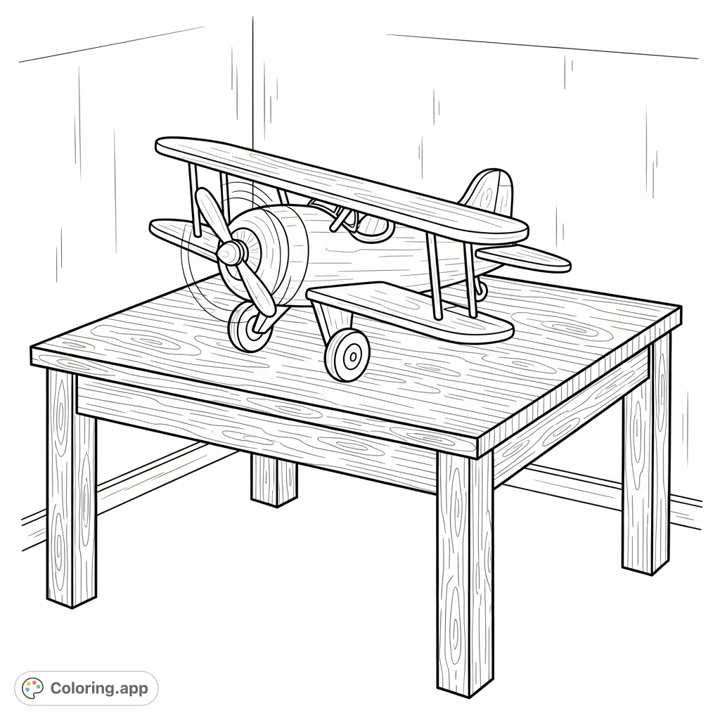 A charming toy plane rests on a sturdy wooden table, ready for imaginative flights. This delightful and simple scene is perfect for a relaxing coloring experience.