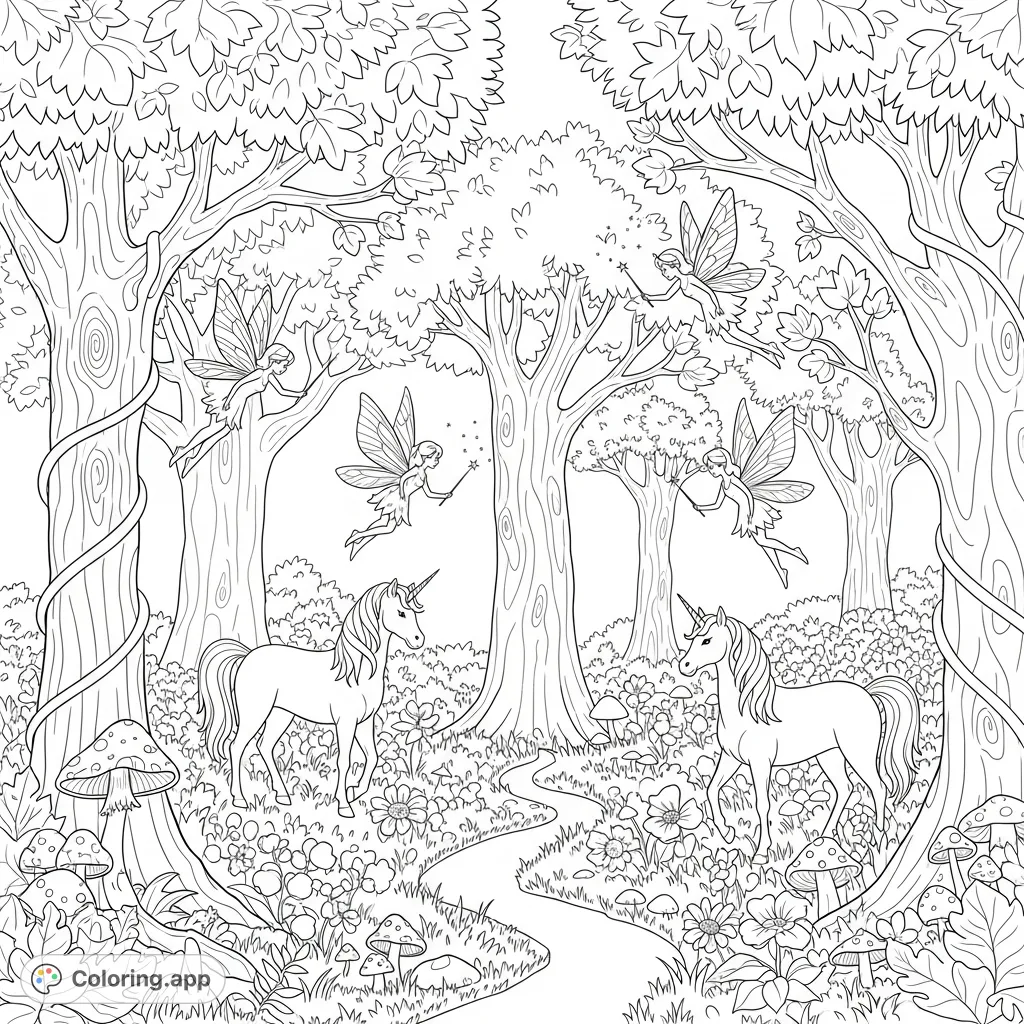 Enter a magical forest where graceful fairies with wands dance among whimsical trees and majestic unicorns roam. A captivating scene for imaginative coloring.