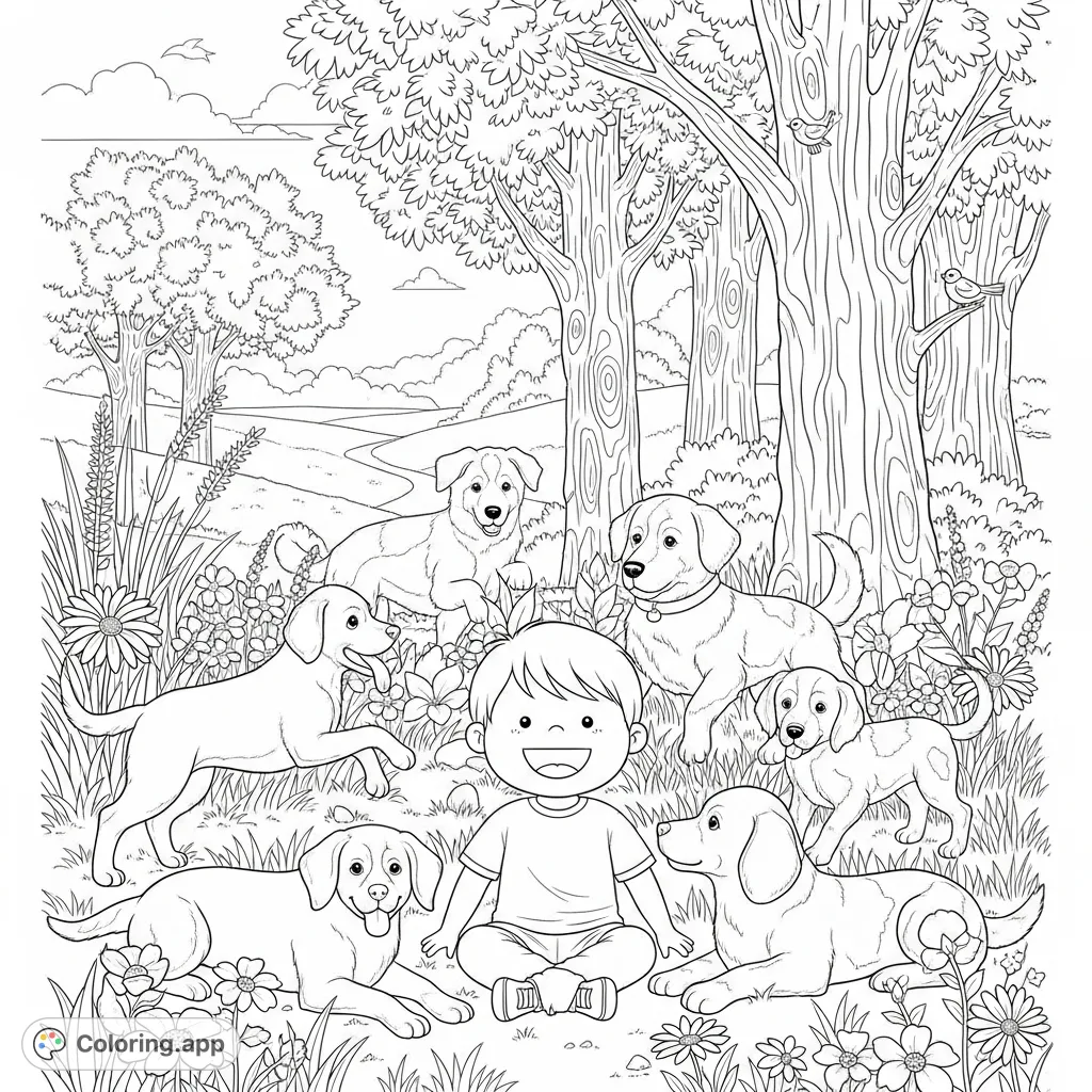 A joyful child surrounded by playful dogs in a lush meadow with blooming flowers and towering trees. A delightful scene for animal and nature lovers.