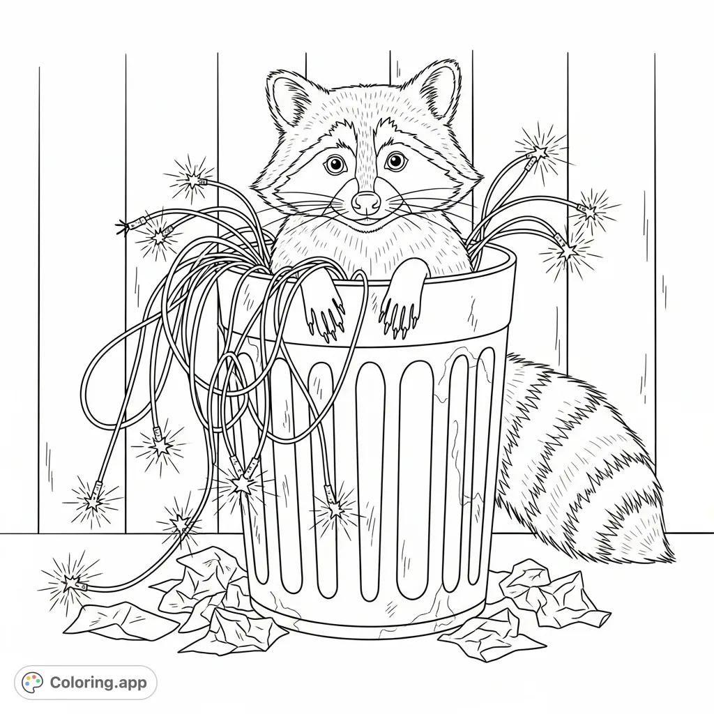 A mischievous raccoon explores a trash can filled with tangled electrical wires and playful sparks, creating a whimsical scene for coloring fun.