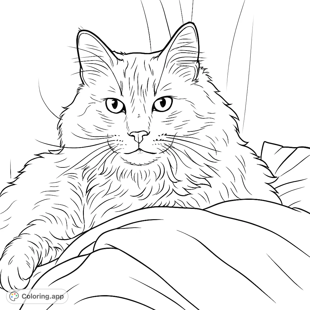 A charming fluffy cat portrait, perfect for animal lovers. Explore intricate fur textures and expressive features in this delightful feline coloring page.