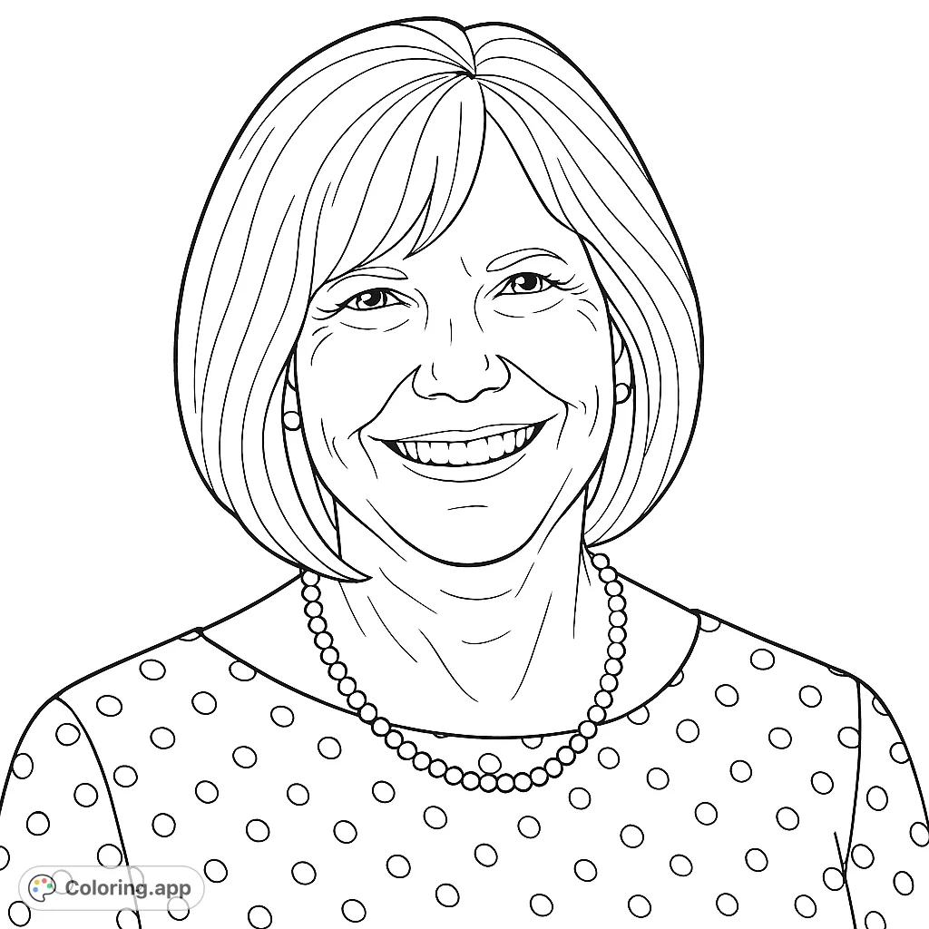 A delightful coloring page featuring a smiling woman with a pearl necklace and a polka dot top, perfect for a relaxing creative session.