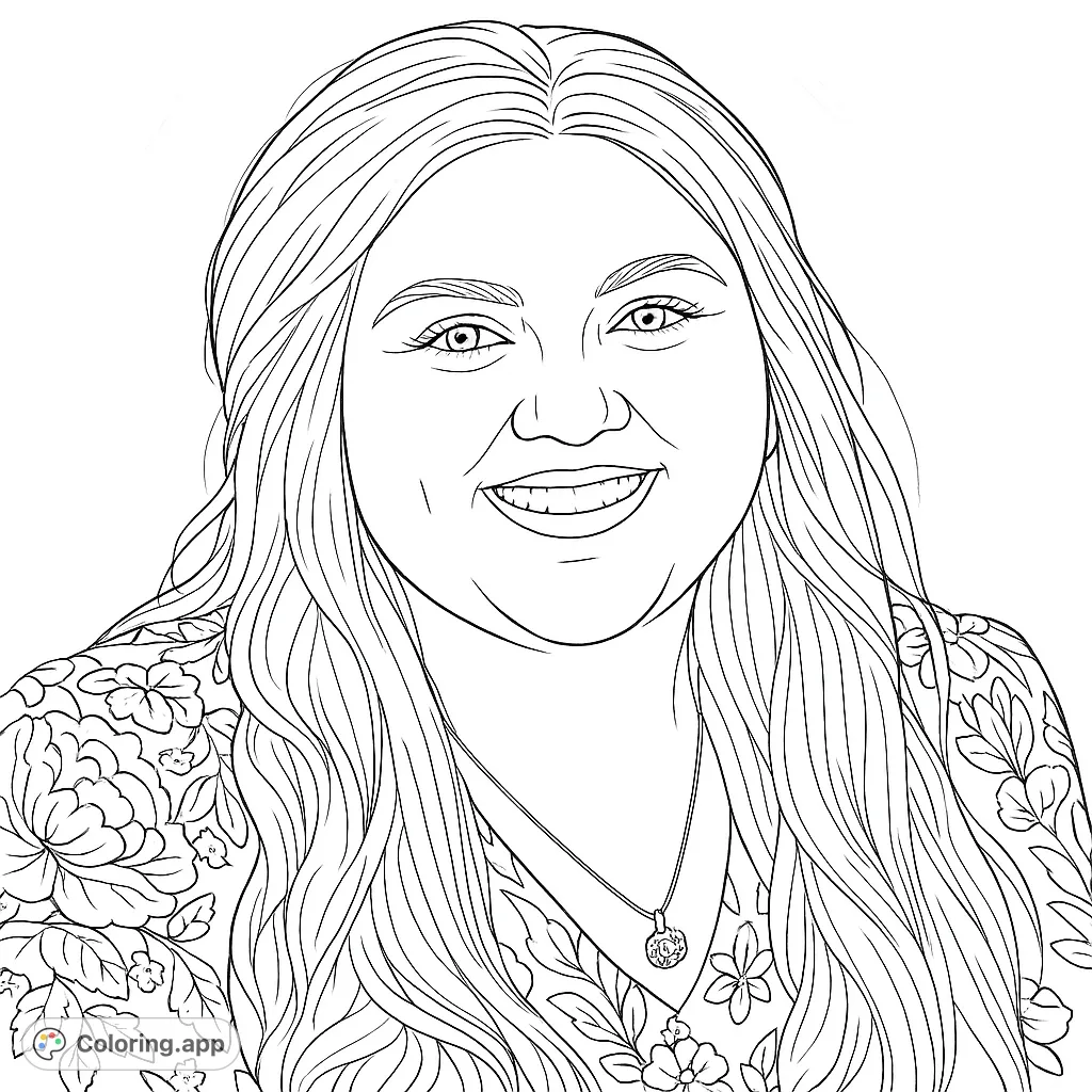 A cheerful woman with long, flowing hair and a detailed floral top, perfect for a relaxing coloring experience.