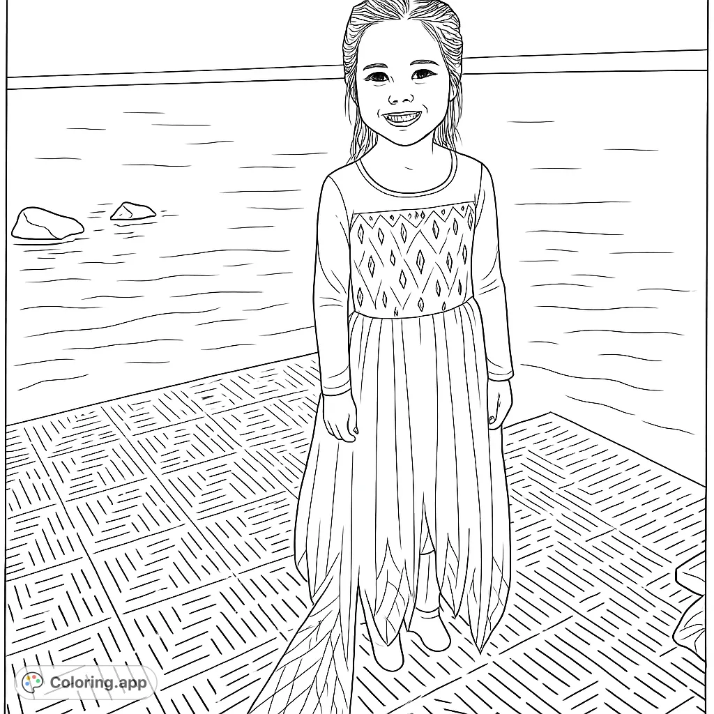 A cheerful girl in a beautiful, flowing dress stands on a dock by the water, ready for a magical coloring adventure. Perfect for young dreamers!