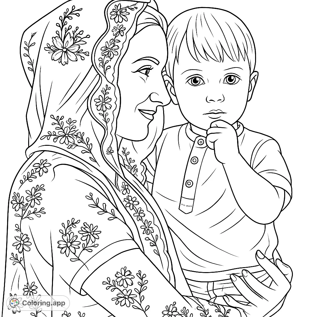 Capture a tender moment between a mother and her son, featuring a beautifully patterned veil and a thoughtful child. A heartwarming family coloring page.