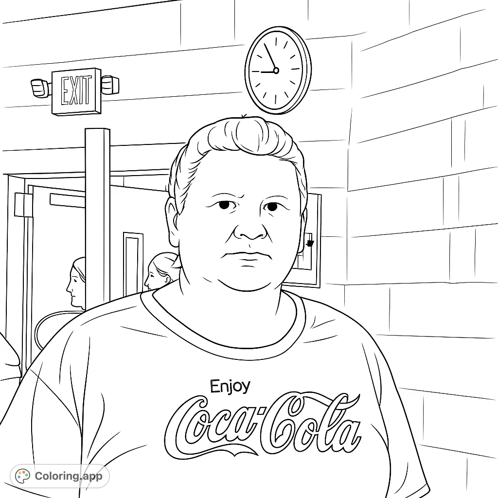 A person wearing an 'Enjoy Coca-Cola' shirt, standing in a room with a wall clock and exit sign. A unique scene for creative coloring.