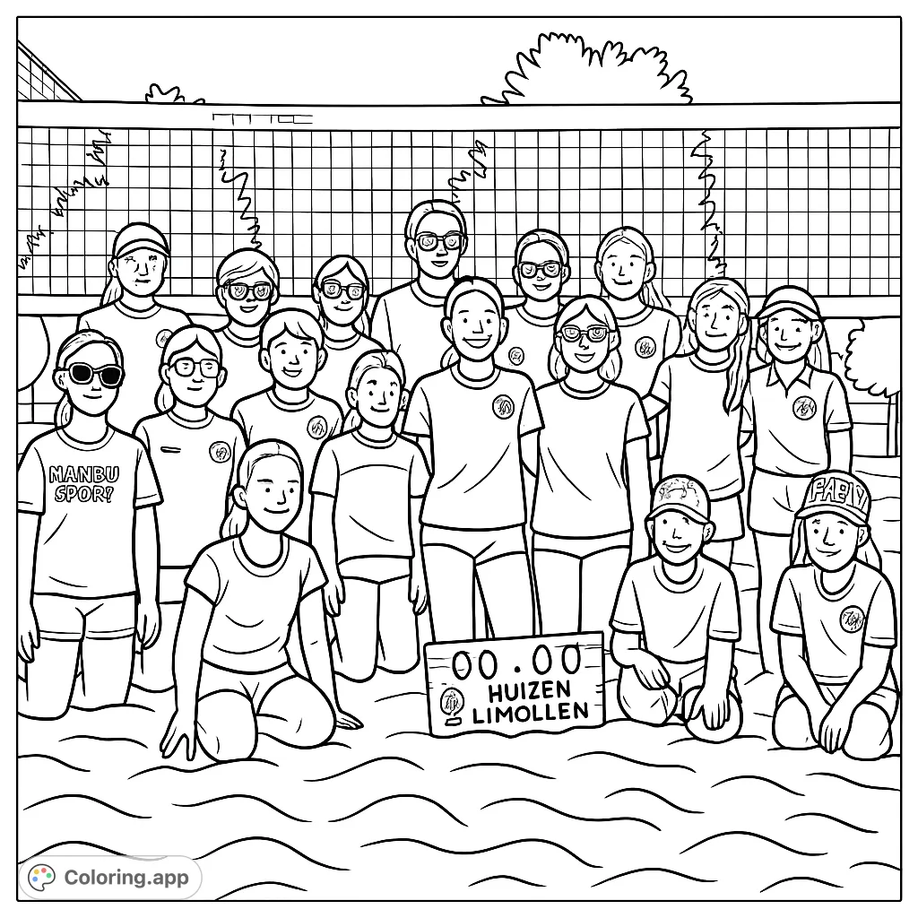 A lively group of young athletes poses on a beach volleyball court, ready for a fun coloring adventure. Perfect for sports enthusiasts!