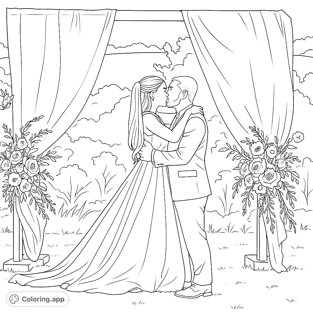 Capture a beautiful moment with this romantic wedding kiss coloring page. A couple embraces under a draped archway adorned with intricate floral arrangements.
