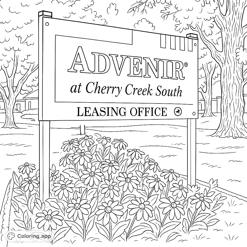 A detailed coloring page featuring an apartment complex sign surrounded by vibrant flower beds and mature trees, set against a backdrop of buildings and open sky.