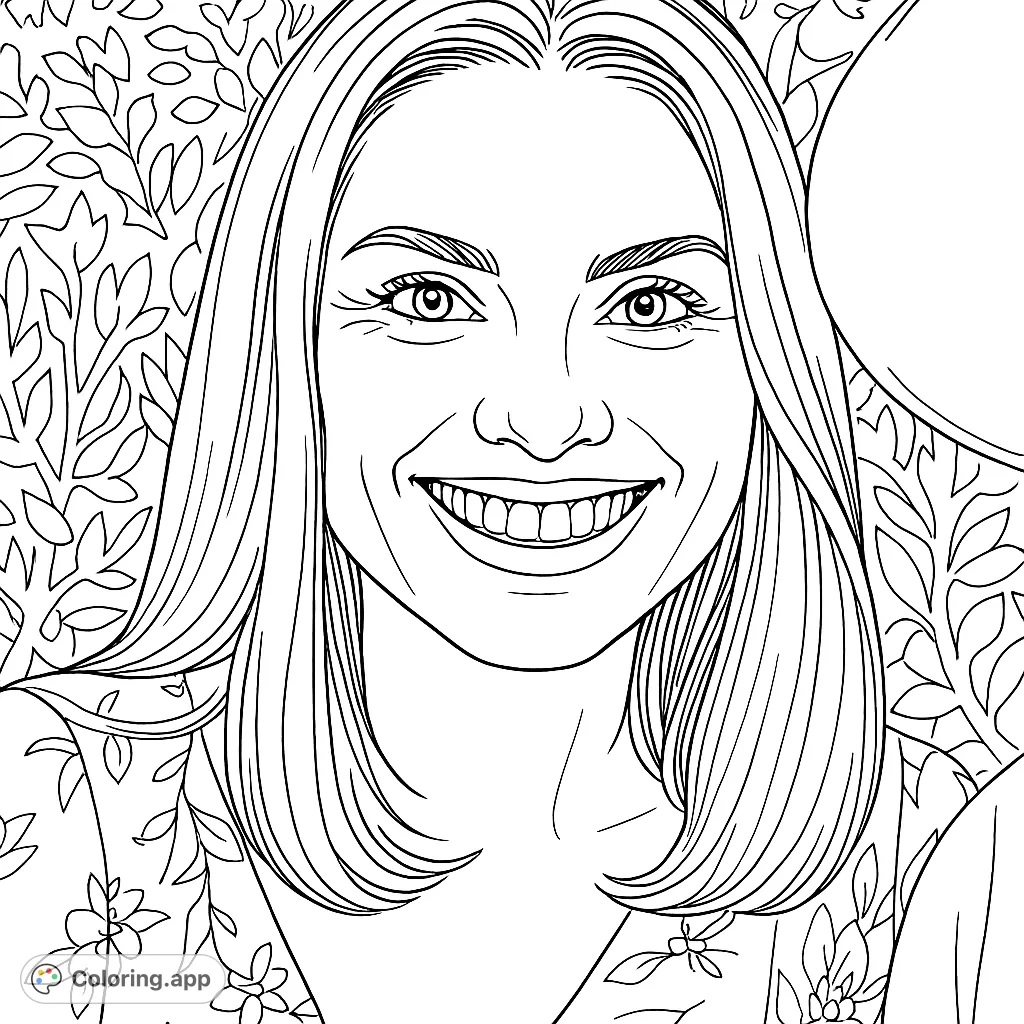 Capture the joy of a smiling woman in this detailed portrait coloring page. Perfect for practicing facial features and intricate patterns.