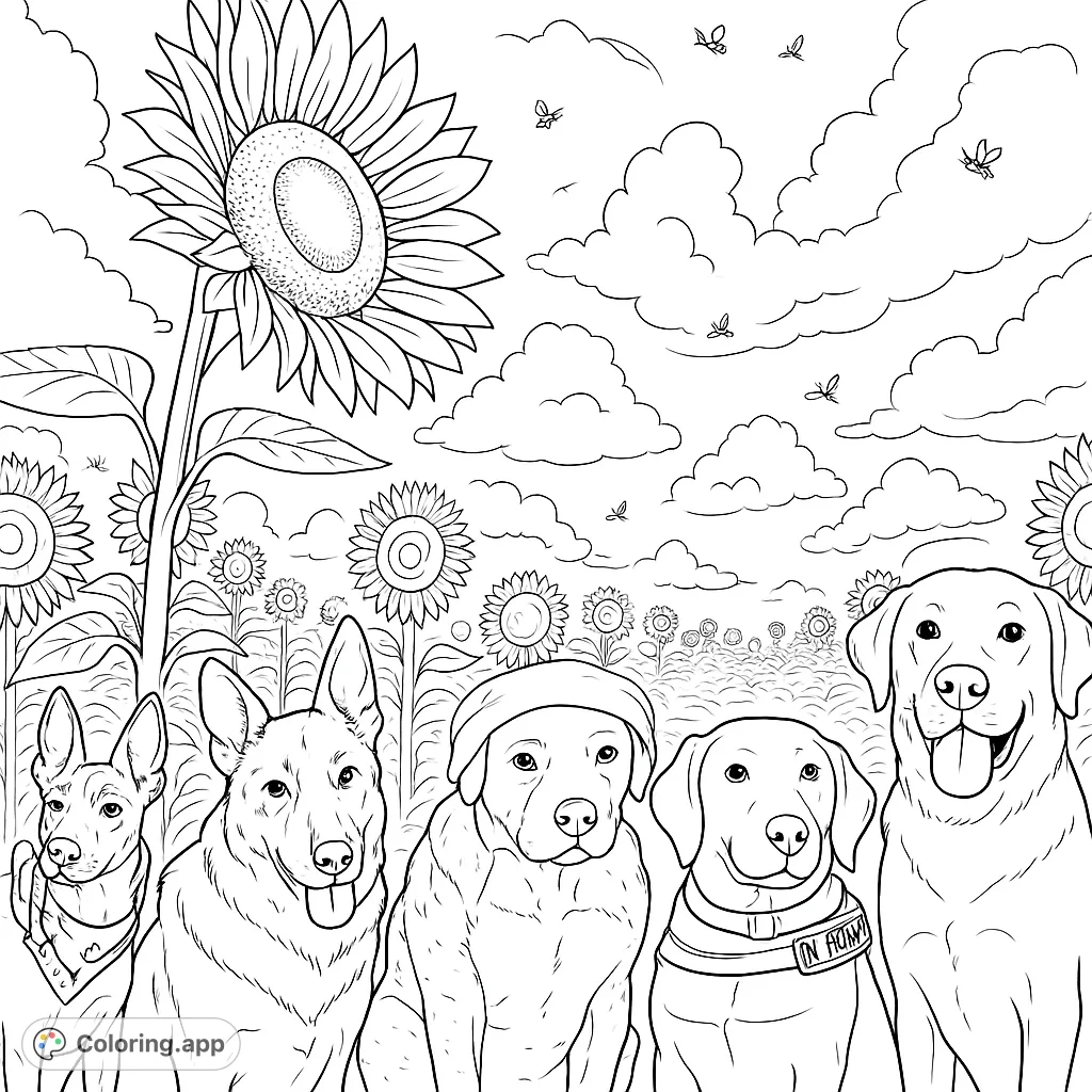 A delightful sunflower field coloring page featuring five happy dogs amidst towering blooms and fluffy clouds. Perfect for nature and animal lovers!