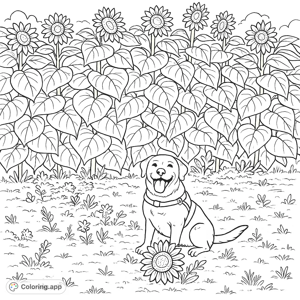 A joyful dog sits in a field of tall, blooming flowers, with two flower heads at its paws. A delightful scene for all ages to color.