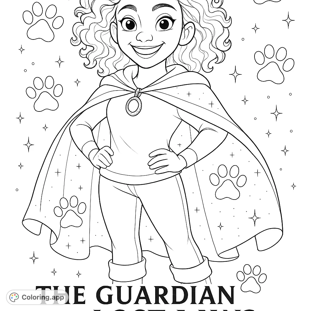 Color a confident hero with a starry cape and glowing pendant, surrounded by magical paw prints and stars. A whimsical adventure awaits!