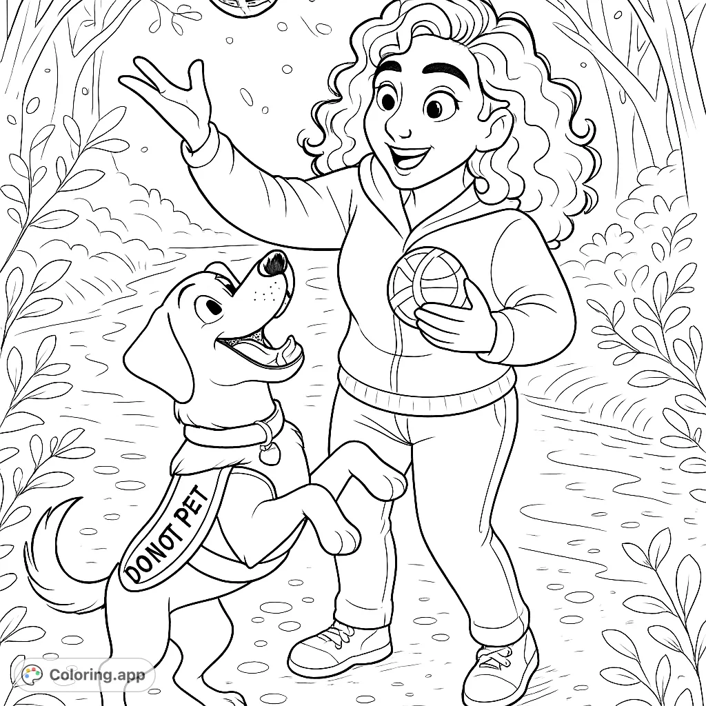 A joyful scene of a woman playing with her service dog on a forest path, featuring a happy dog on its hind legs and a tossed ball.