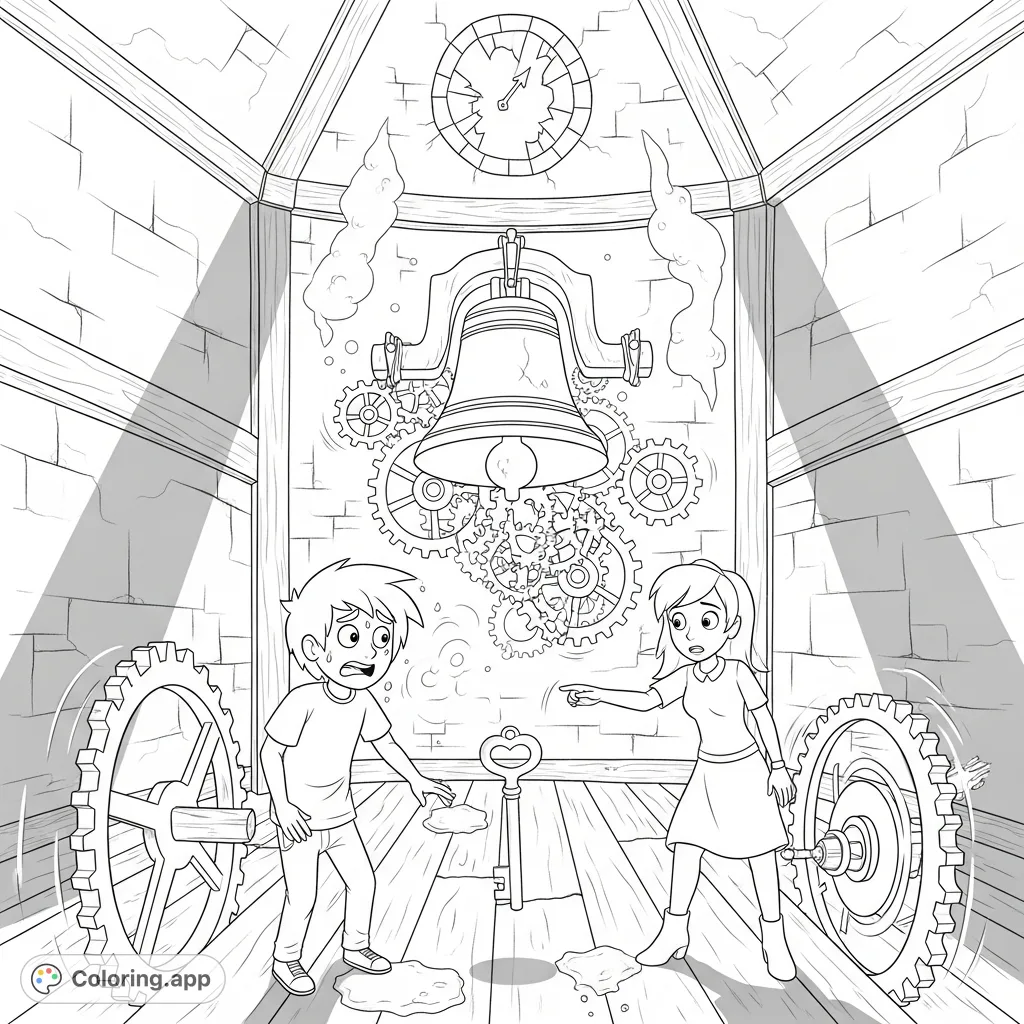 Explore an old clock tower with Alex and Mia as they discover a mysterious silver key among intricate gears and a giant bell. A thrilling adventure awaits!
