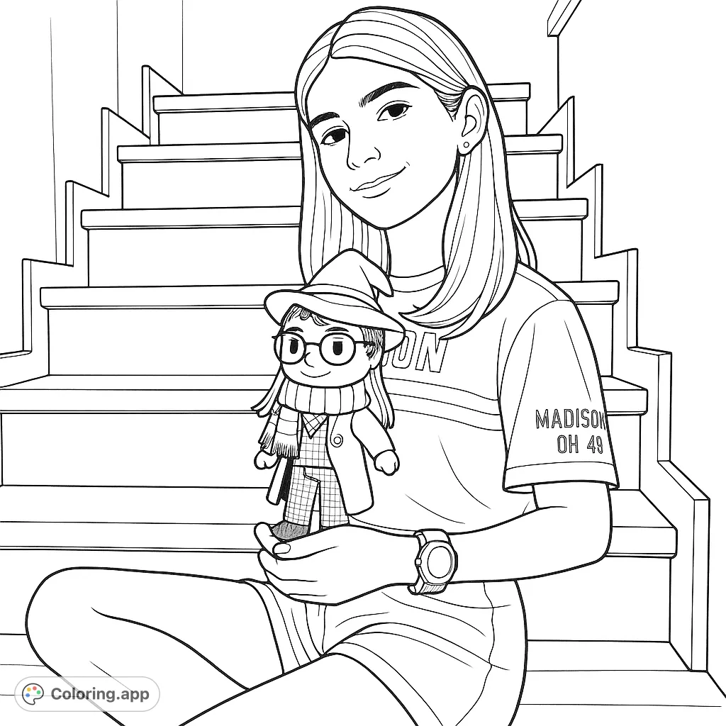 A charming coloring page featuring a young girl proudly holding her beloved wizard doll, set against a backdrop of wooden stairs. Perfect for fans of magic and friendship.