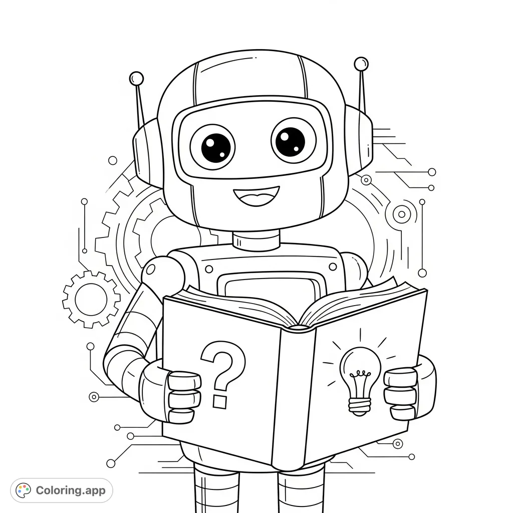 Introduce young learners to AI with this friendly robot coloring page. Simple shapes and a cheerful design make learning about technology fun and accessible.