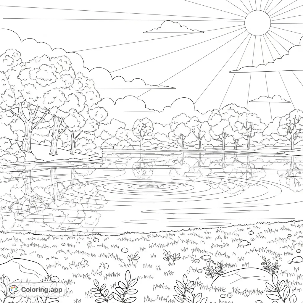 Enjoy a peaceful summer park lake coloring page, featuring a sunny day, calm water, and lush trees. Perfect for relaxation and nature lovers.