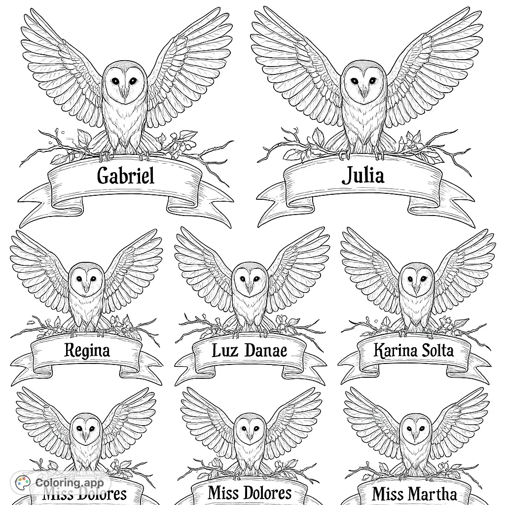 Eight majestic barn owls with wings spread, perched on holly-adorned branches above customizable scroll banners. A detailed and enchanting scene for all ages.
