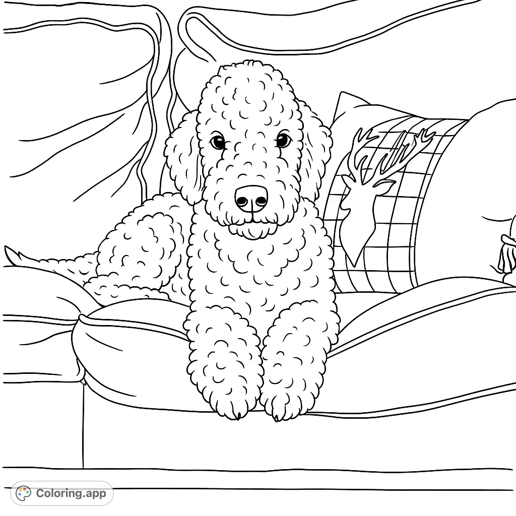 A charming curly-coated dog relaxes on a plush sofa with a decorative deer pillow. Perfect for dog lovers to bring to life with their favorite hues.