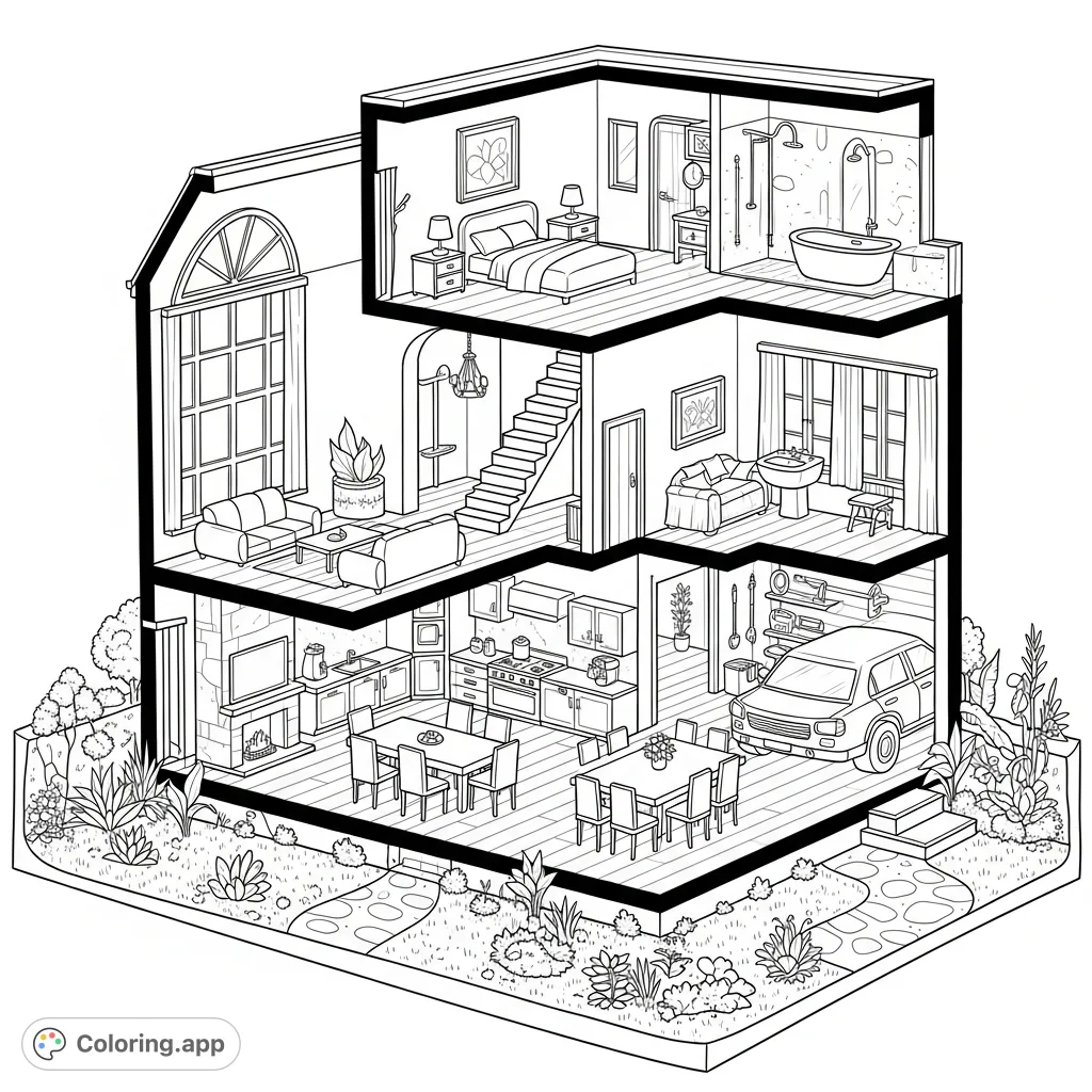 Explore every corner of a charming house with this detailed coloring page, featuring a living room, kitchen, bedroom, bathroom, garage, and a beautiful garden.