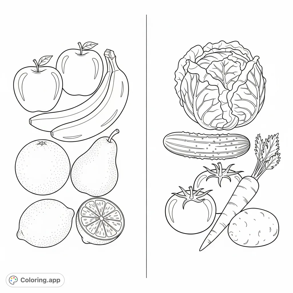 A delightful collection of common fruits and vegetables, perfect for exploring shapes and textures. A fun and educational coloring page for all ages.