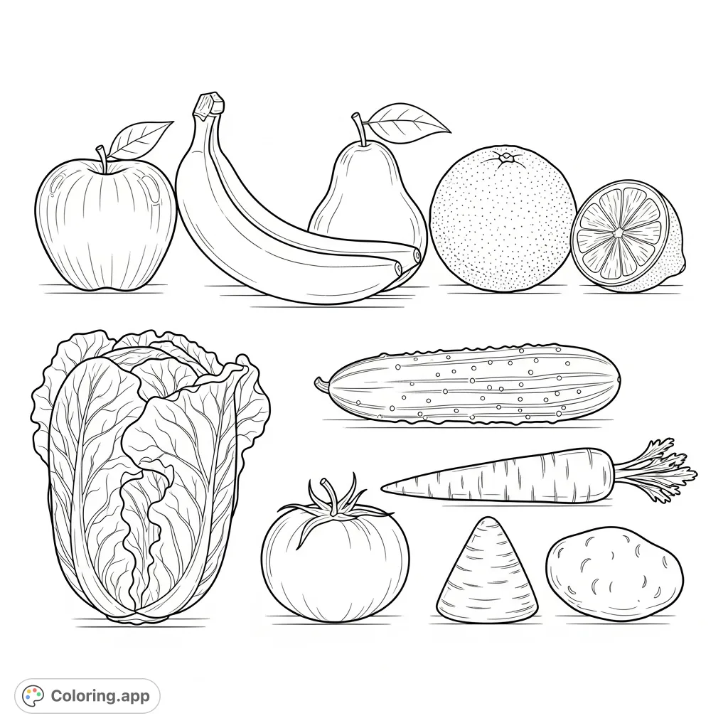 Explore a delightful collection of common fruits and vegetables, neatly arranged to highlight their unique shapes and textures. A perfect free printable coloring page.