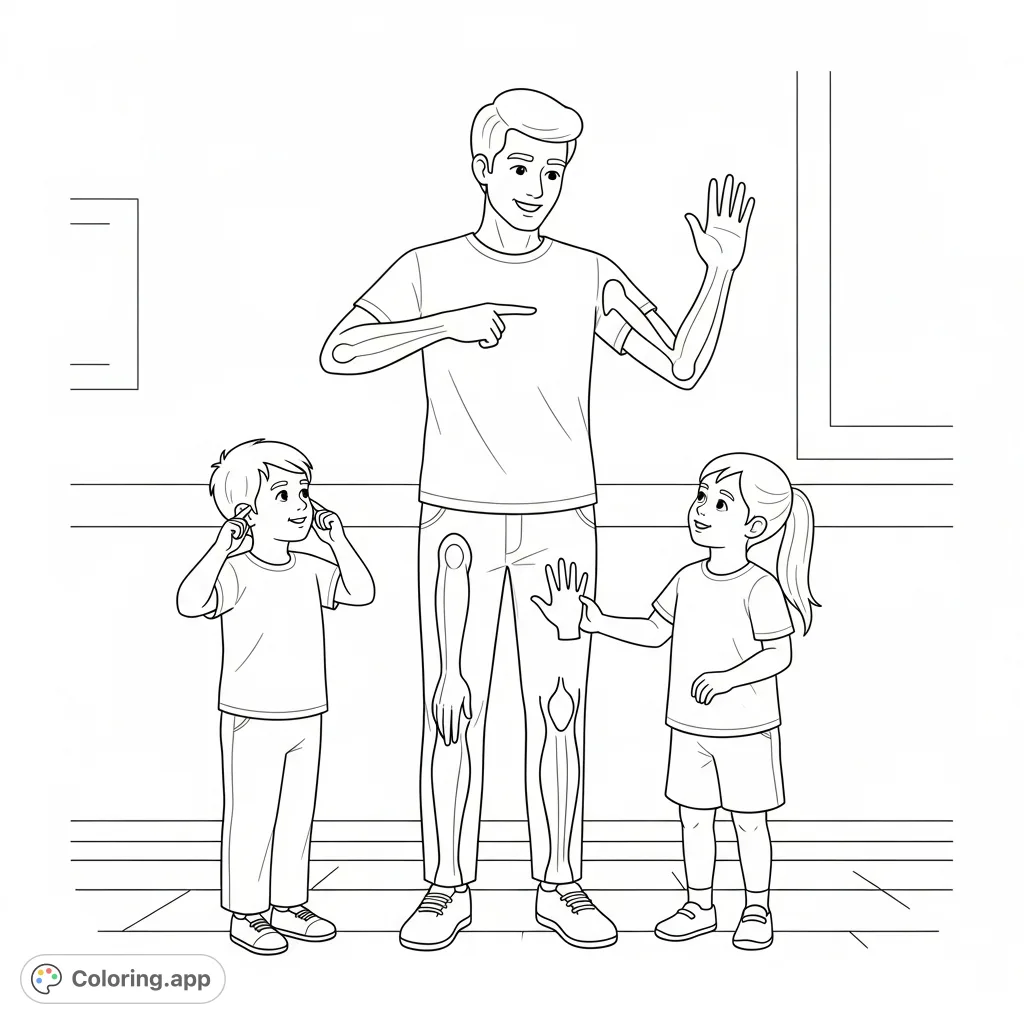 An engaging body parts coloring page featuring an adult teaching children about human anatomy. Perfect for young learners to identify and color different body parts.