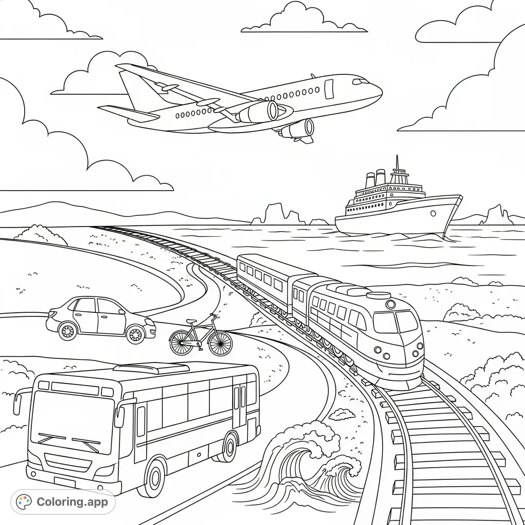 Explore a dynamic vehicles coloring page featuring planes, cars, trains, buses, bikes, and ships in one exciting scene. Perfect for transport enthusiasts!