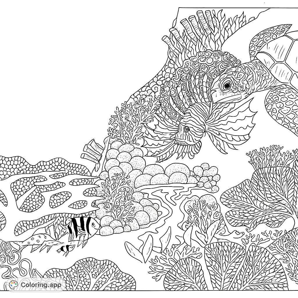 Dive into an intricate underwater reef scene featuring a majestic sea turtle, a striking lionfish, and diverse coral formations. Perfect for detailed coloring.