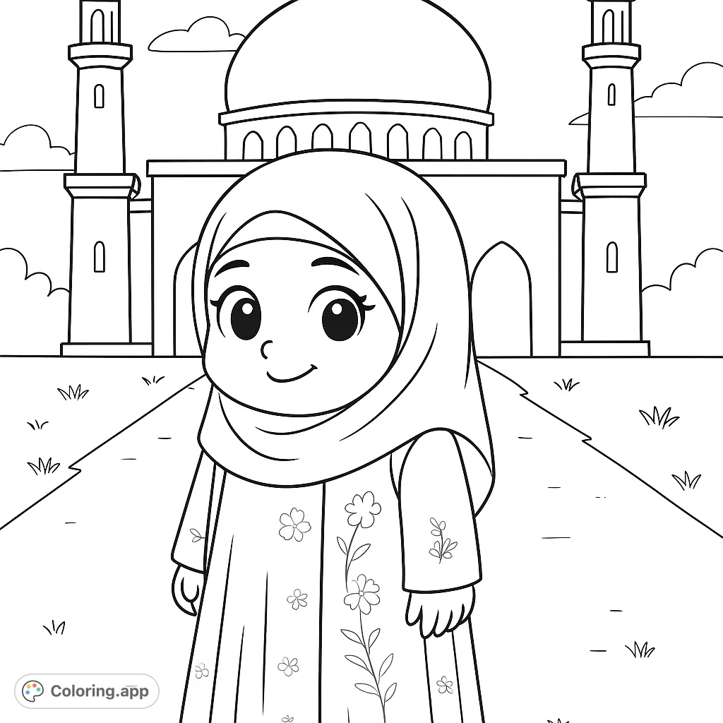 A delightful coloring page featuring a smiling girl in traditional attire standing before a grand mosque, perfect for cultural exploration and creative expression.
