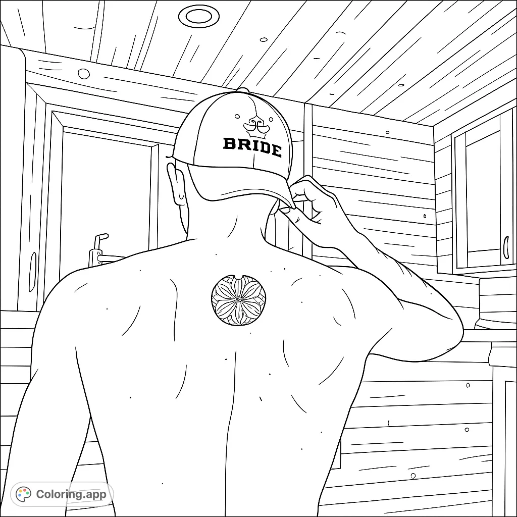 Capture a unique moment with this coloring page featuring a person's back, an intricate tattoo, and a fun 'BRIDE' hat, set in a cozy wooden room.