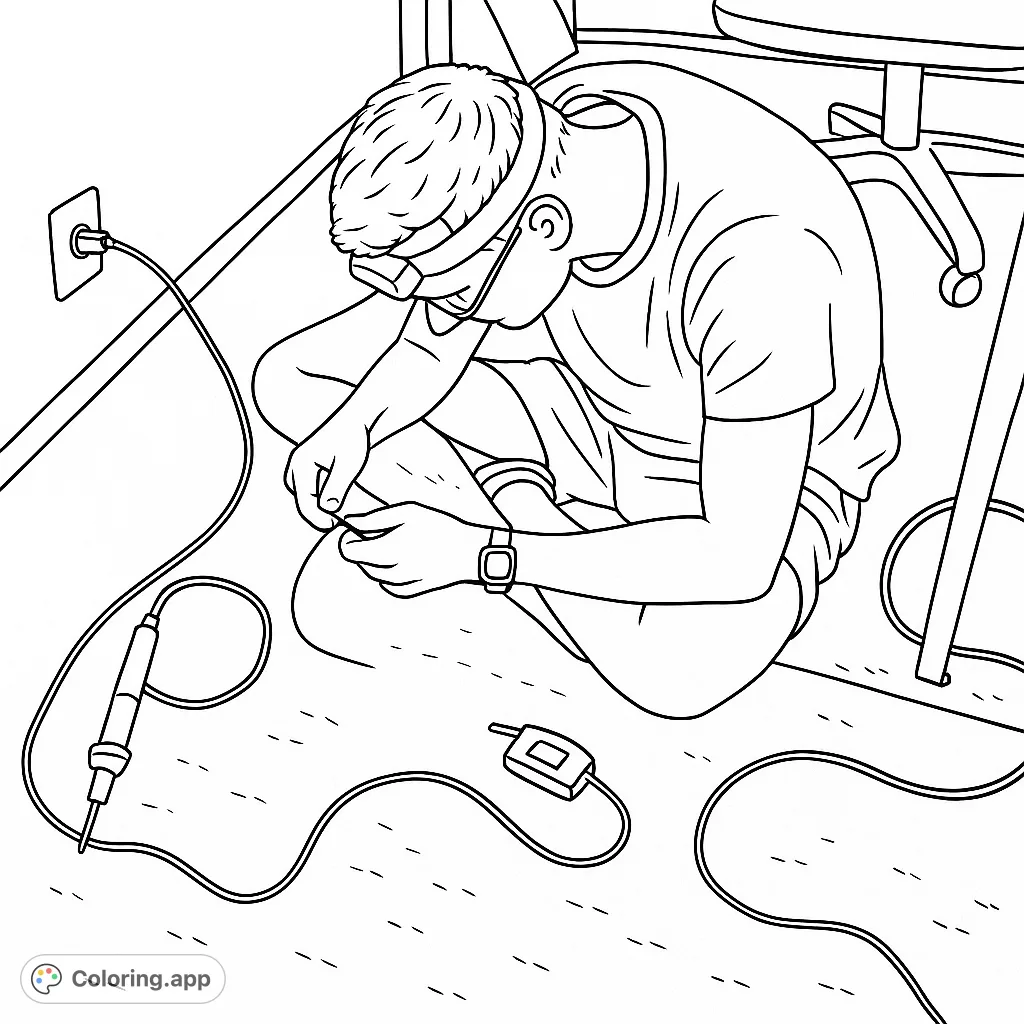A detailed coloring page featuring a person intently working on electronics with a headlamp, surrounded by tools and wires. Perfect for tech enthusiasts.