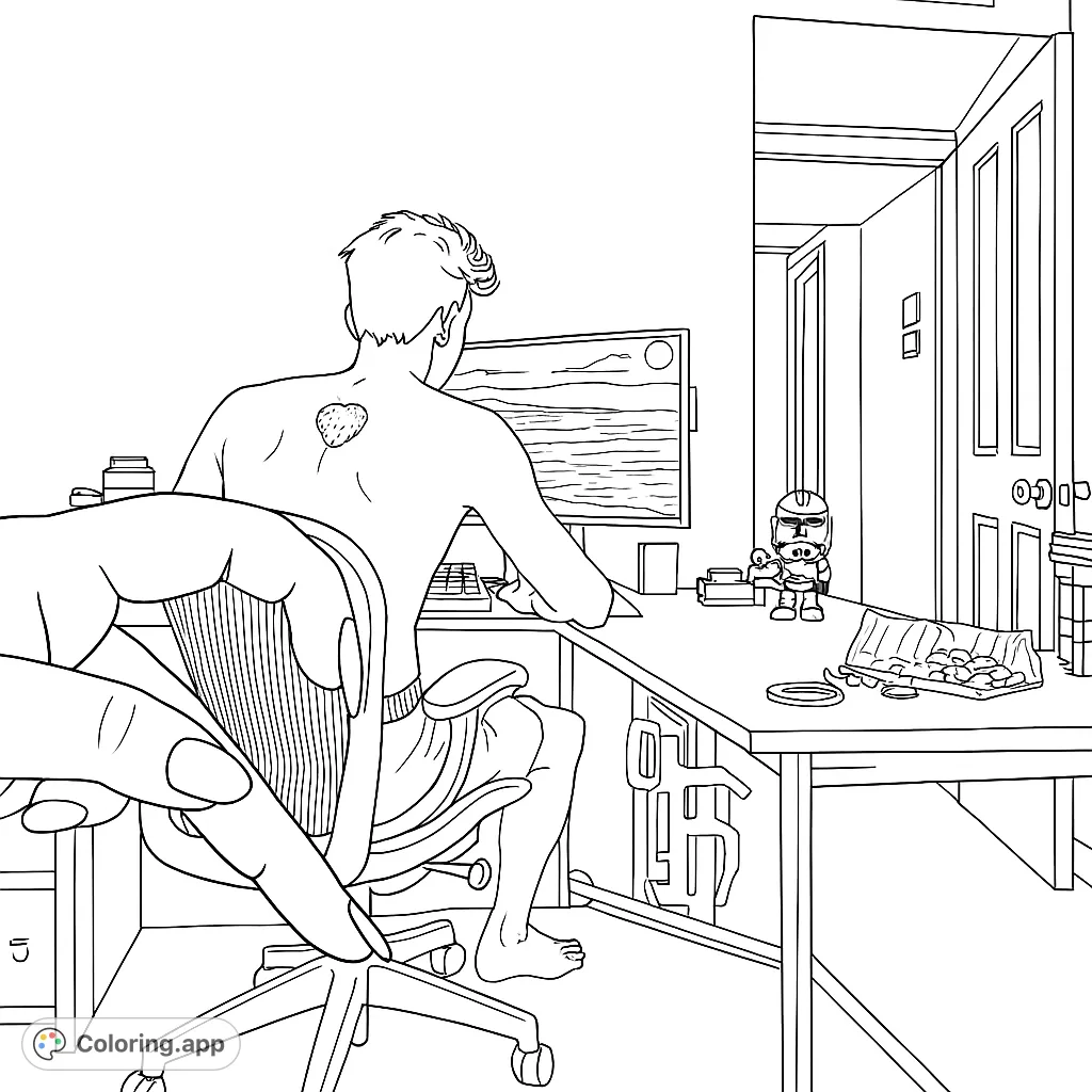 A detailed coloring page featuring a person at a computer desk, surrounded by gaming gear and room elements. Perfect for tech enthusiasts and casual colorists.