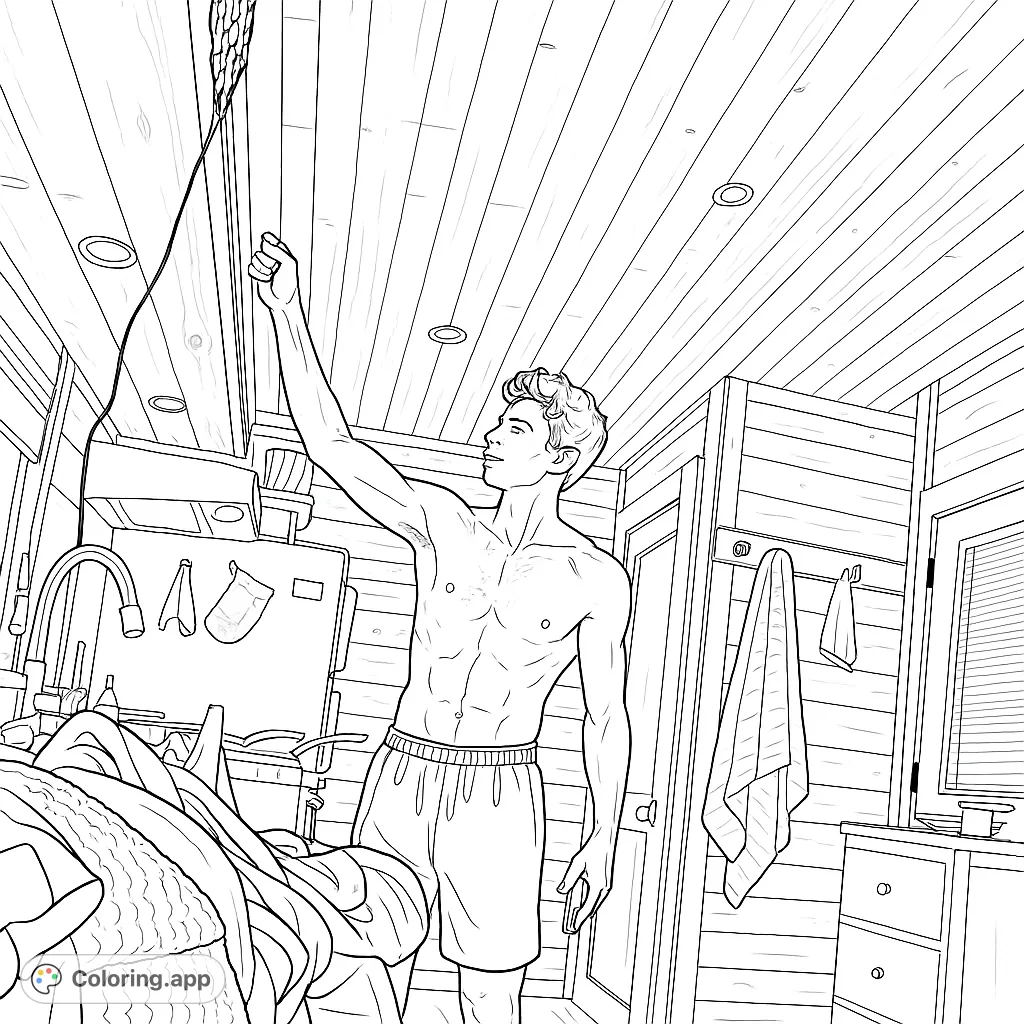 A young man reaches upwards in a cozy, wood-paneled room, surrounded by everyday objects. A detailed scene for mindful coloring.