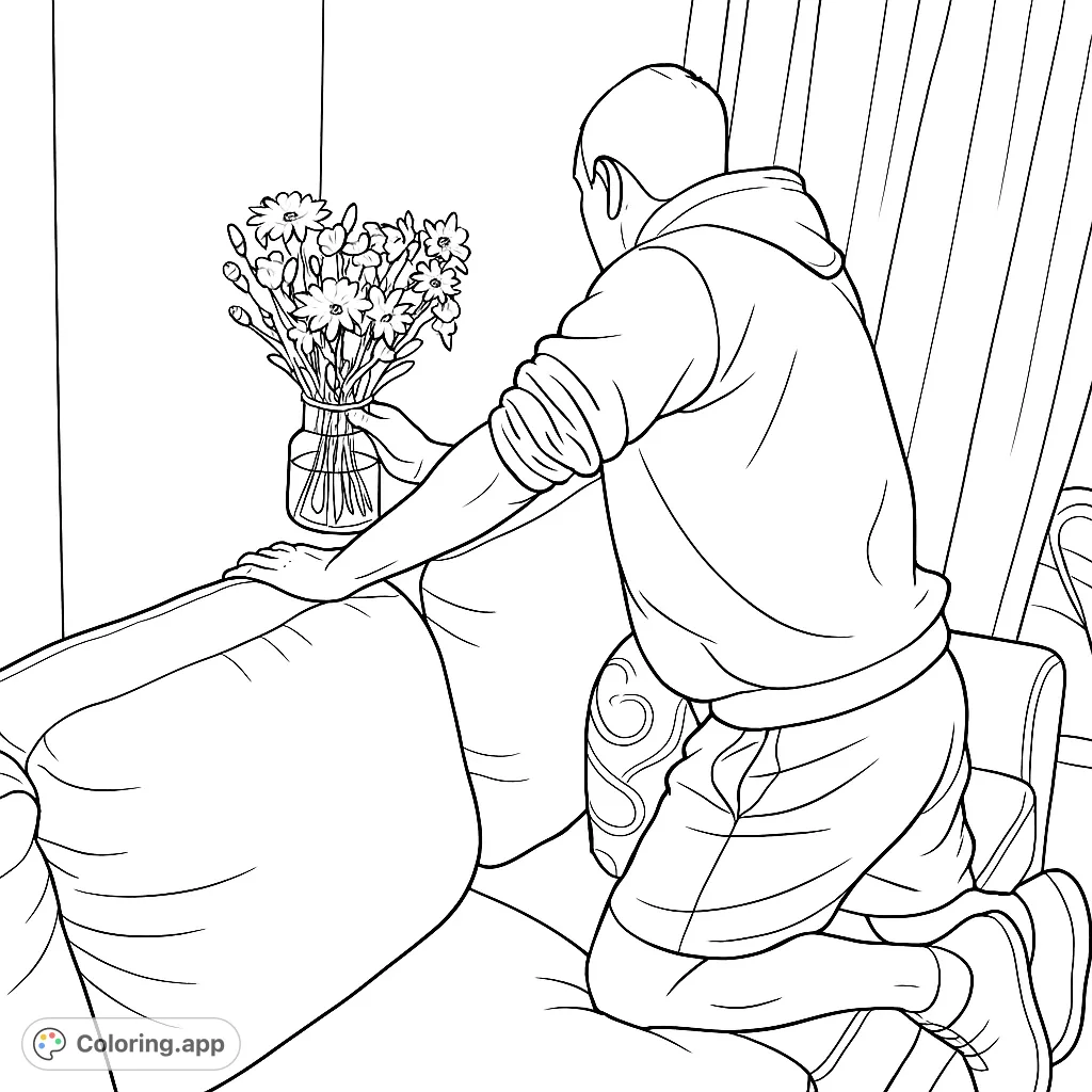 Capture a moment of quiet domesticity with this coloring page featuring a person gently arranging a beautiful bouquet of flowers in a vase on a cozy couch.