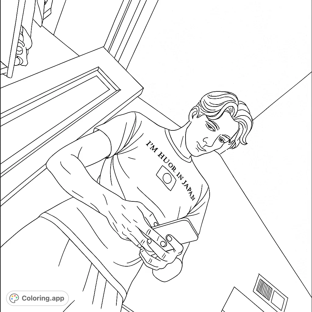 Capture a modern moment with this person holding a smartphone. A unique shirt design and detailed background elements offer a fun coloring challenge for all ages.