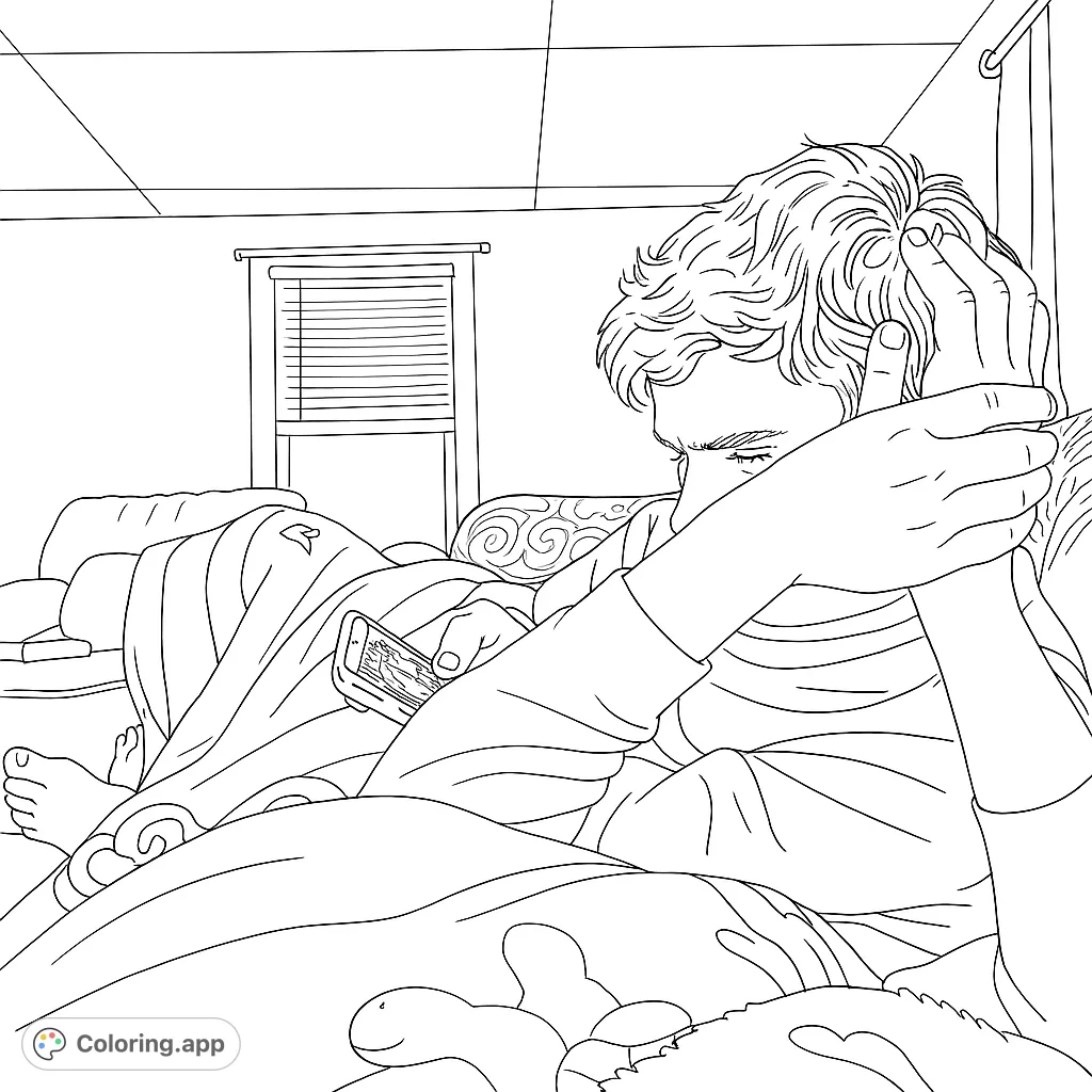 A cozy scene of a person relaxing on a couch, covered in soft blankets, holding a phone. Perfect for a moment of calm and creative expression.