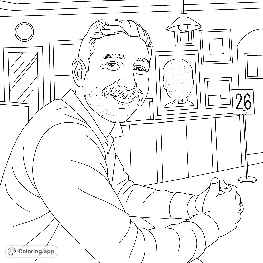 Capture the friendly face of a man with a mustache and beard, seated at a table with framed art and a lamp in the background. A charming portrait for coloring.