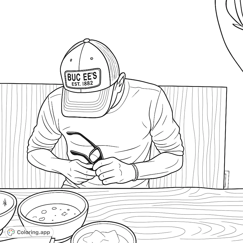 A detailed coloring page featuring a person in a cap holding sunglasses at a wooden table with bowls, perfect for a relaxing coloring experience.