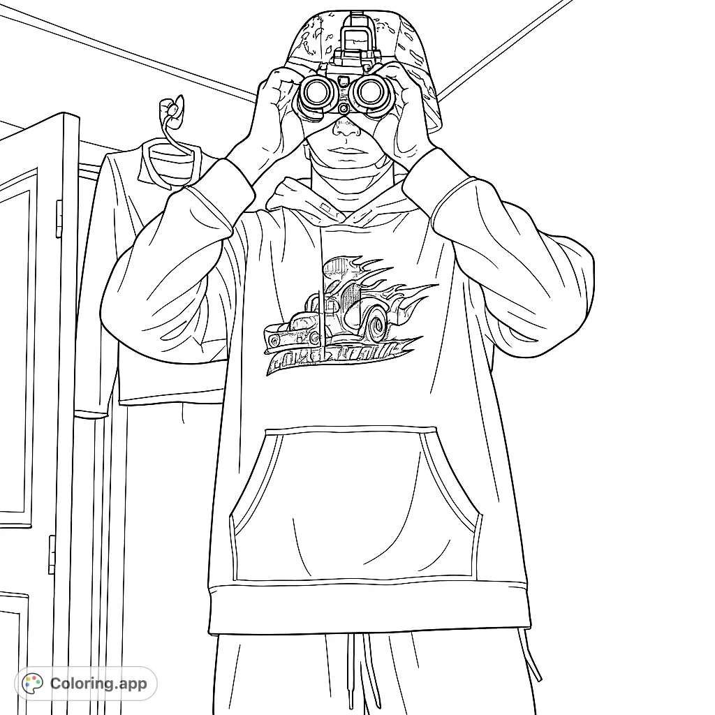 A person in a patterned helmet and hooded sweatshirt observes through a compact device, set against a simple indoor background. Perfect for teens and adults.