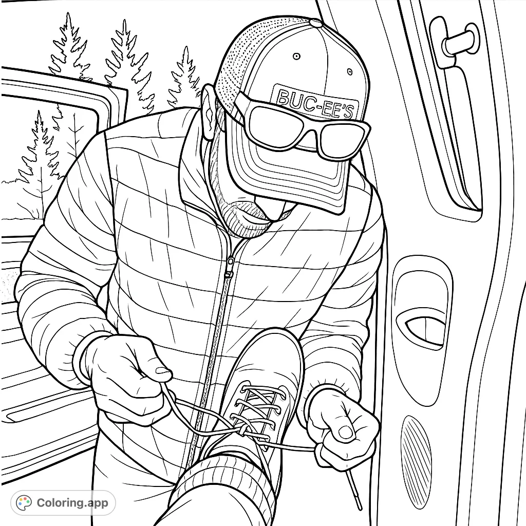 A person carefully tying a boot lace while seated by an open car door, set against a natural outdoor backdrop, ready for adventure.