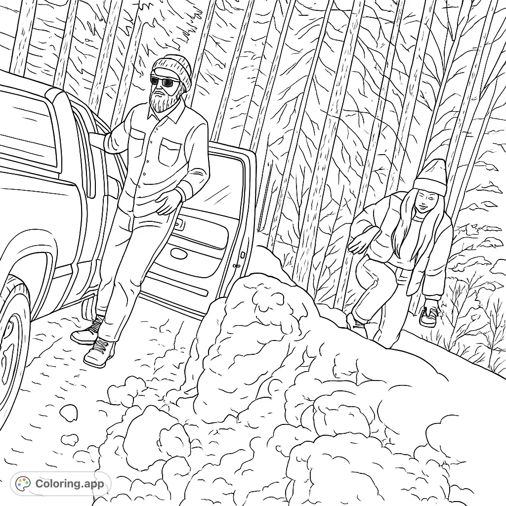 Explore a detailed winter roadside adventure coloring page featuring two figures, a truck, and deep snowdrifts in a dense forest setting.
