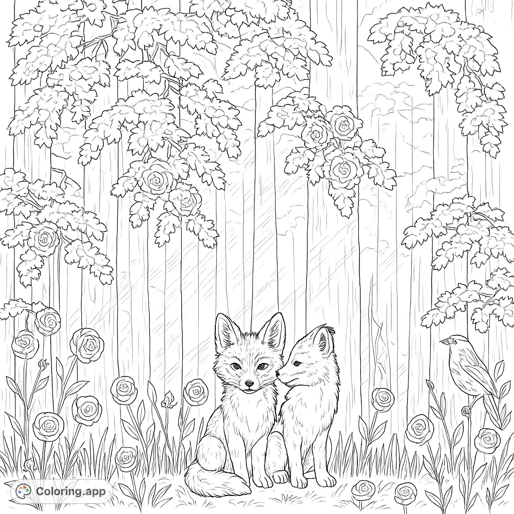 Discover a mystical forest scene featuring two wolves, birds, and blooming roses amidst textured trees. A captivating nature coloring page for all ages.