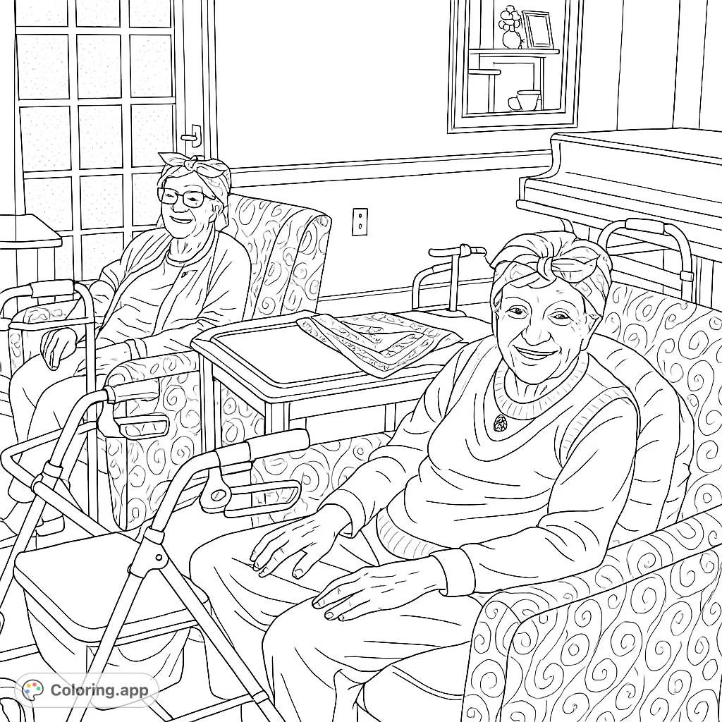 Two cheerful seniors wearing bandanas, seated in armchairs with walkers, sharing a happy moment in a cozy lounge setting.