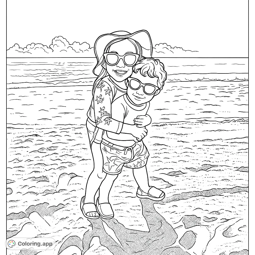 Two happy children embrace on a sunny beach, ready for a fun day by the ocean. A delightful beach coloring page for kids and families.