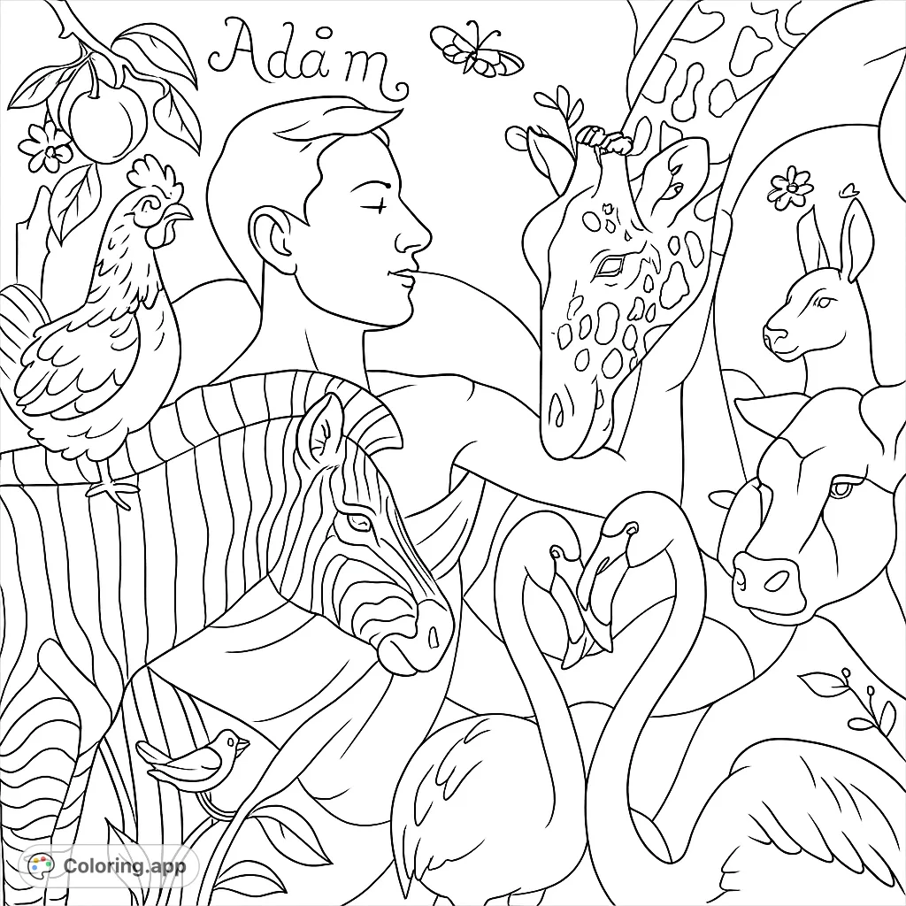 Discover a captivating Adam and animals coloring page, featuring a central figure surrounded by a zebra, giraffe, flamingos, and more, perfect for creative expression.
