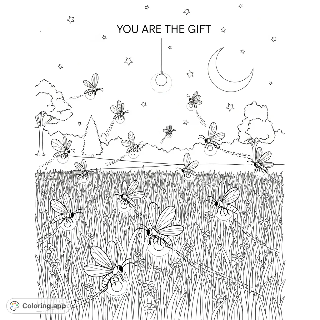 A magical scene of fireflies dancing over a lush lawn under a starry sky, with the uplifting affirmation 'You are the Gift' elegantly displayed.